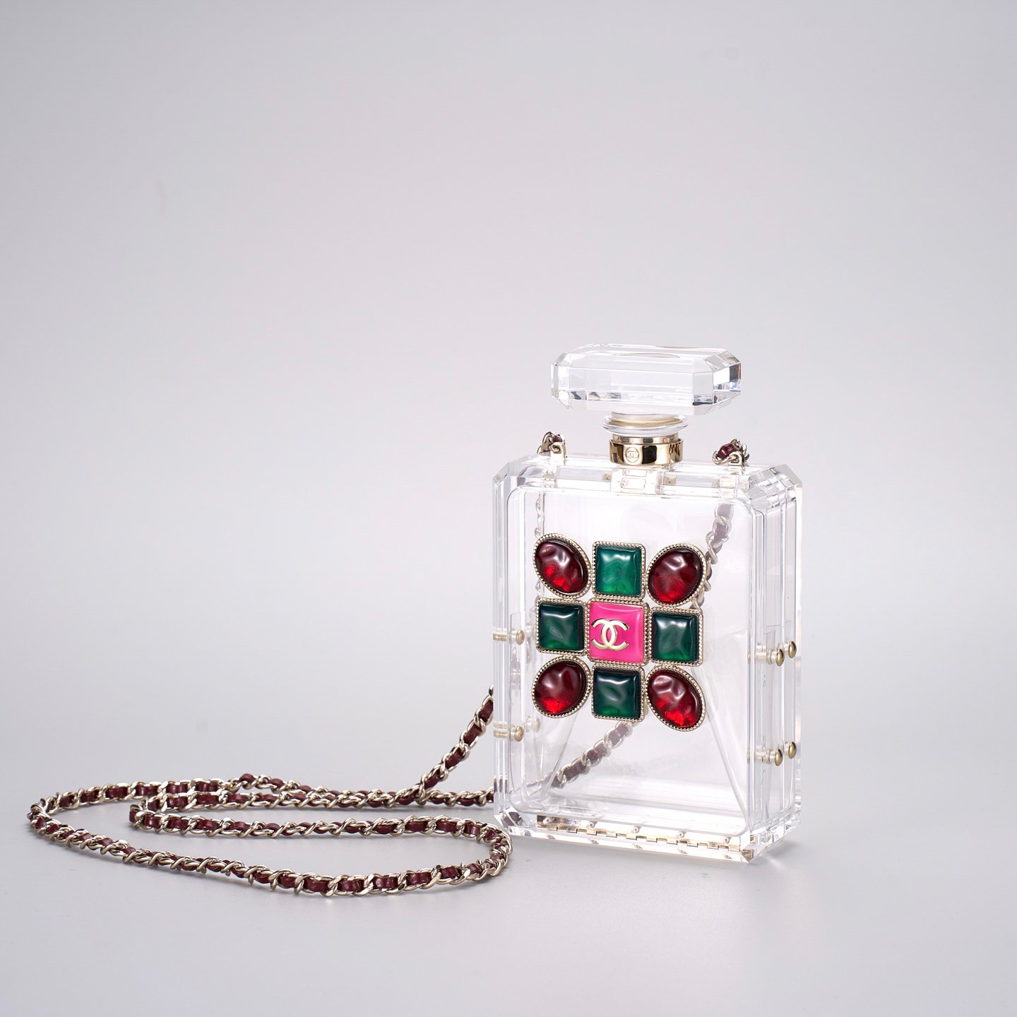 Chanel transparent acrylic perfume bottle bag - ultra limited iridescent collectible evening bag - ZP grade