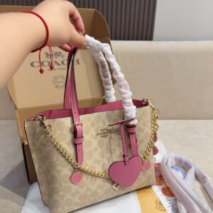 Coach Mollie25 Valentine's Day Limited Tote Bag Classic C-stripe coated canvas pink leather trim