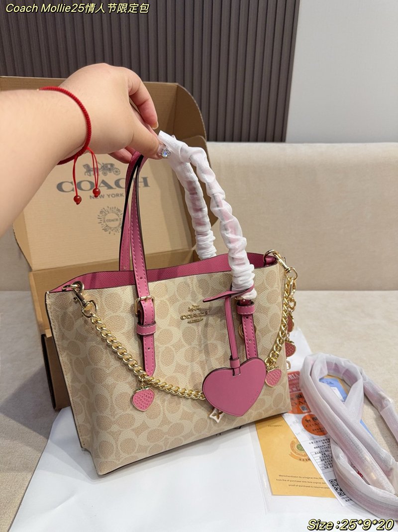 Coach Mollie25 Valentine's Day Limited Tote Bag Classic C-stripe coated canvas pink leather trim