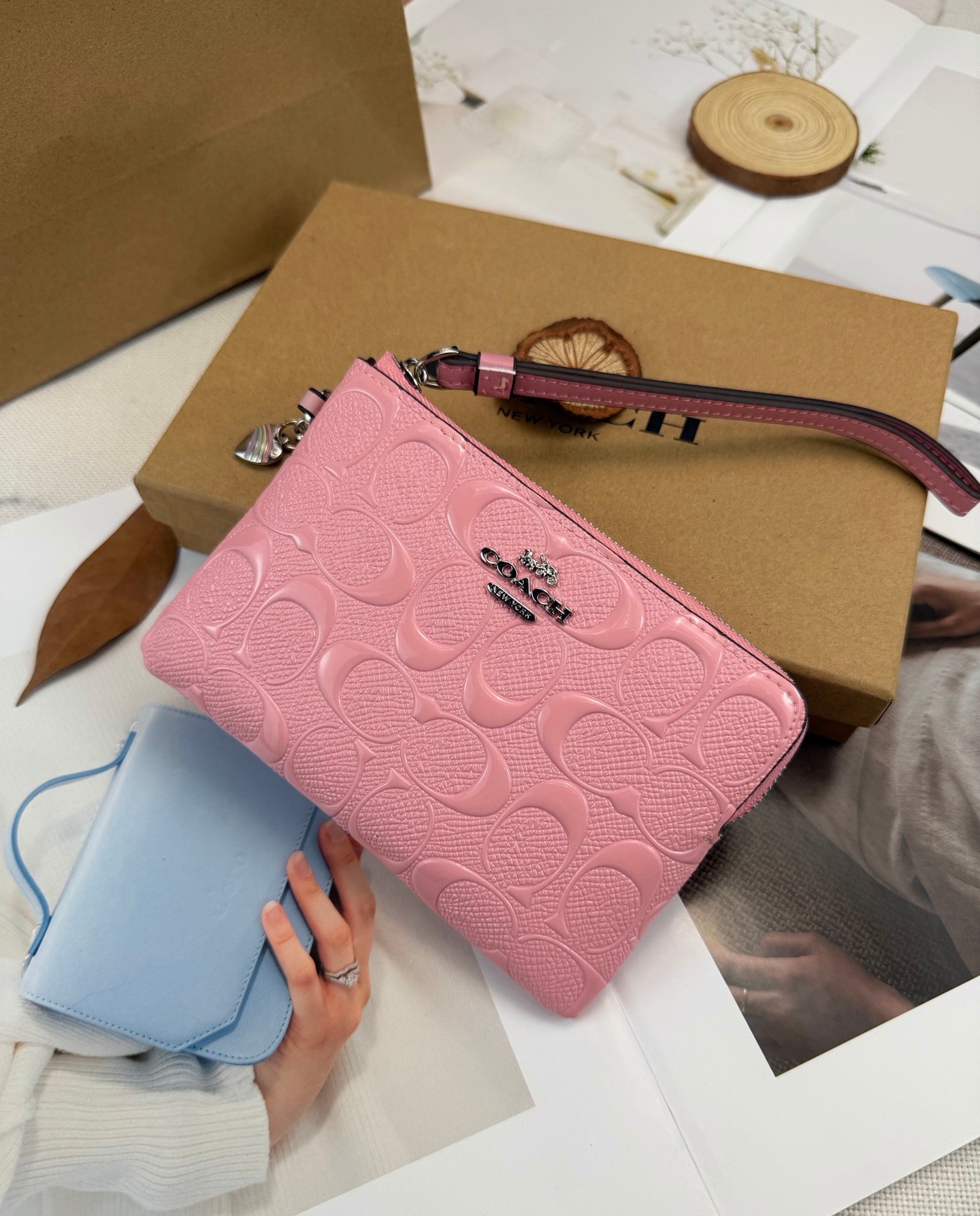 COACH CP483 pink patent embossed change handbag