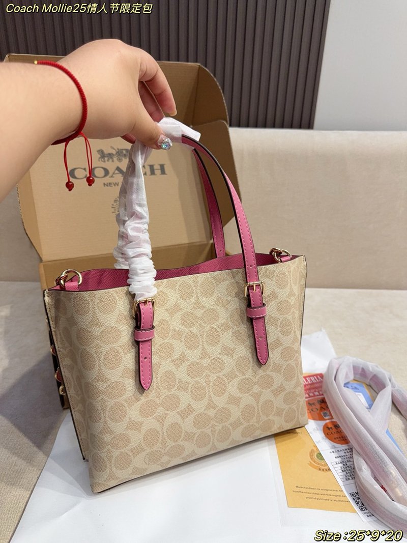 Coach Mollie25 Valentine's Day Limited Tote Bag Classic C-stripe coated canvas pink leather trim - 图片 3
