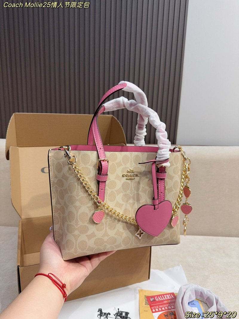 Coach Mollie25 Valentine's Day Limited Tote Bag Classic C-stripe coated canvas pink leather trim - 图片 4