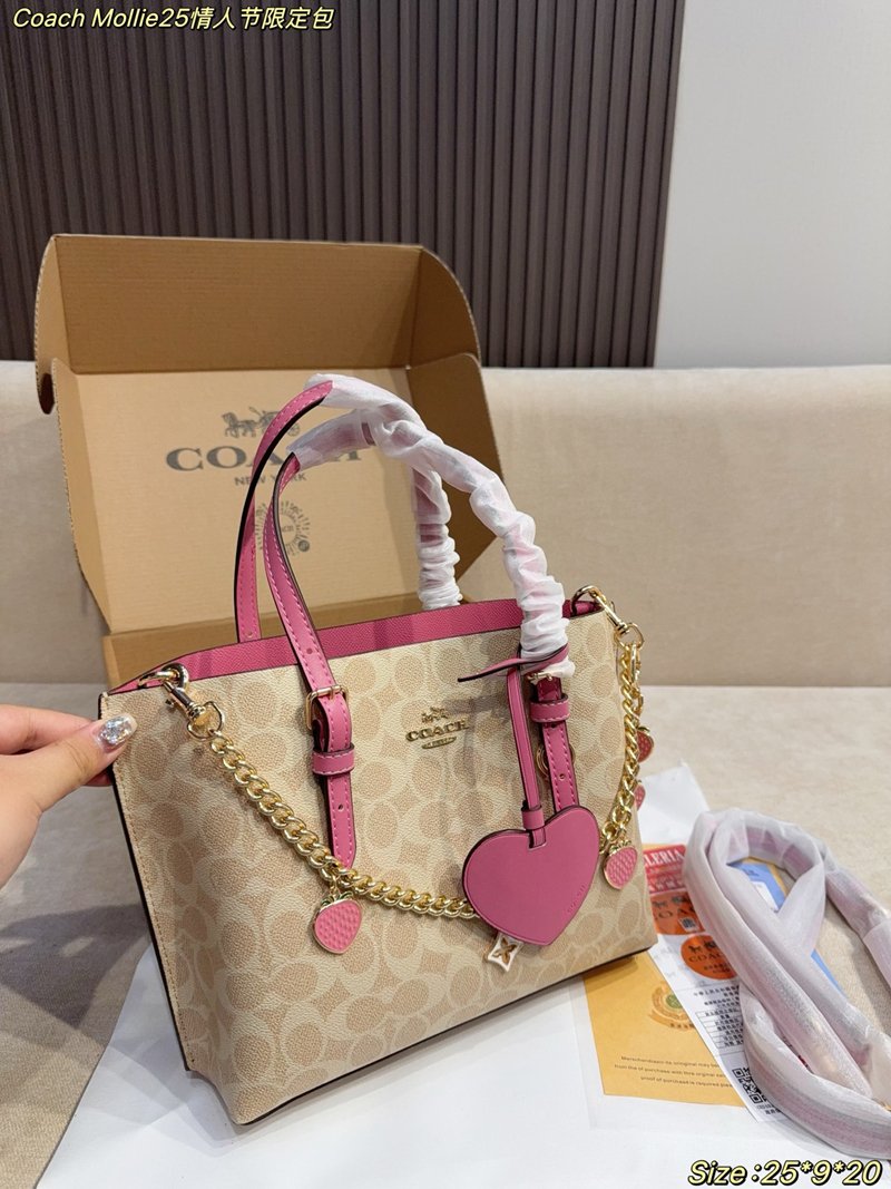 Coach Mollie25 Valentine's Day Limited Tote Bag Classic C-stripe coated canvas pink leather trim - 图片 5