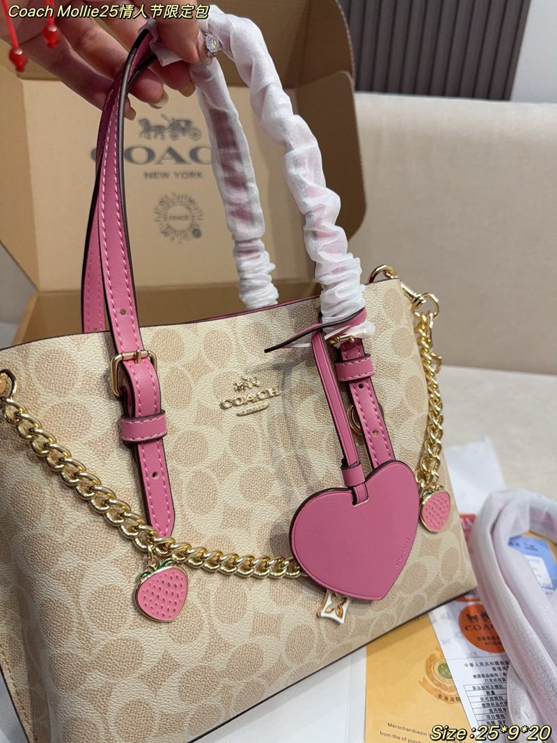 Coach Mollie25 Valentine's Day Limited Tote Bag Classic C-stripe coated canvas pink leather trim - 图片 6