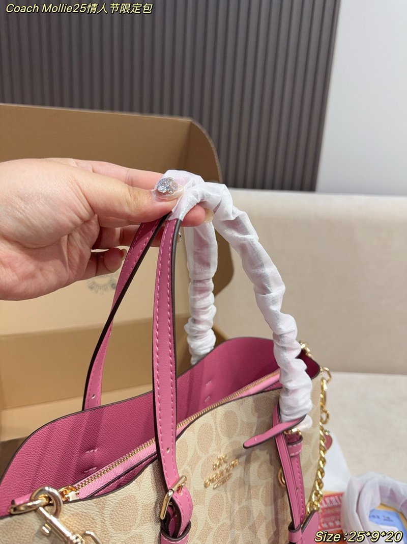 Coach Mollie25 Valentine's Day Limited Tote Bag Classic C-stripe coated canvas pink leather trim - 图片 7