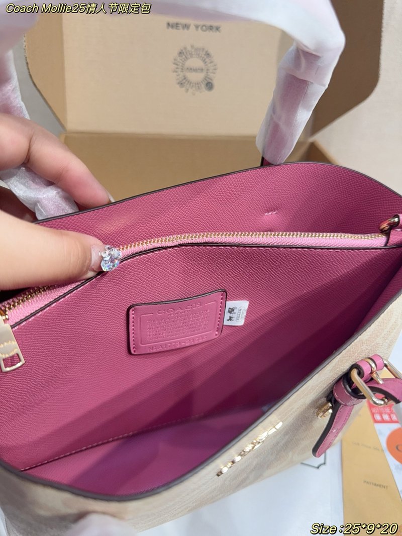 Coach Mollie25 Valentine's Day Limited Tote Bag Classic C-stripe coated canvas pink leather trim - 图片 10